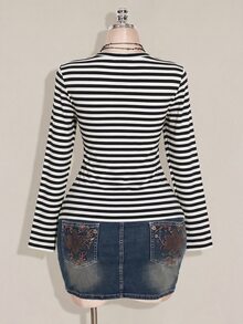 SHEIN ICON Women's Plus Size Autumn/Winter Contrast Lace Black & Gray Striped Fitted T-Shirt Fall - Black and White - View 2