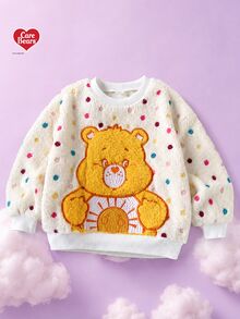 SHEIN X Care Bears 1件少女休閒百搭彩色波點毛絨卡通熊貼布繡圖案圓領寬鬆長袖套頭運動衫，適合日常穿著、秋冬、室內、運動、攝影、節慶、生日 - 白色 - 查看 6