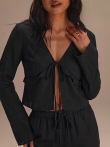 Athîral Women's Tie-Front Ruffle Long Sleeve Top & Solid Color Pants Two Pieces Set - Black - View 5