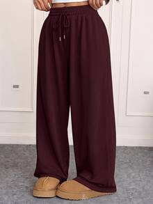 CovetEZ Plus Size Women Solid Color Drawstring Waist Casual Versatile Daily Wear Sweatpants - Burgundy - View 3