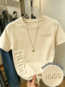 Resyla Women's Casual Round Neck T-Shirt With Letter Puff Print Pattern, Everyday Casual Wear - Khaki - View 1