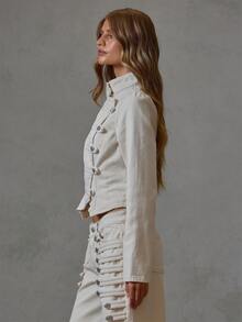 MUSERA Cream Denim Asymetrical Military Jacket Fall Winter Everyday Causal Back To School Forces - Apricot - View 5