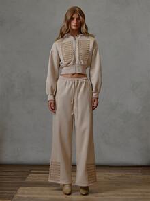 MUSERA Beige Miltary Detail Sweatshirt Only Fall Winter Everyday Causal Back To School Forces - Khaki - View 4