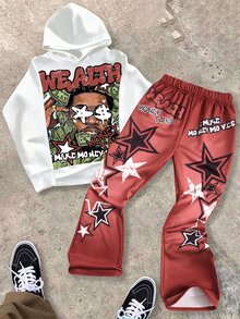 SHEIN 兒童/青少年男孩 2件組休閒時尚簡約 Y2K 酷感塗鴉手繪嘻哈人像星星圖案英文字母運動風連帽衛衣與喇叭褲套裝，適合秋冬、學校、家庭聚會、返校、假期 - 彩色 - 查看 1