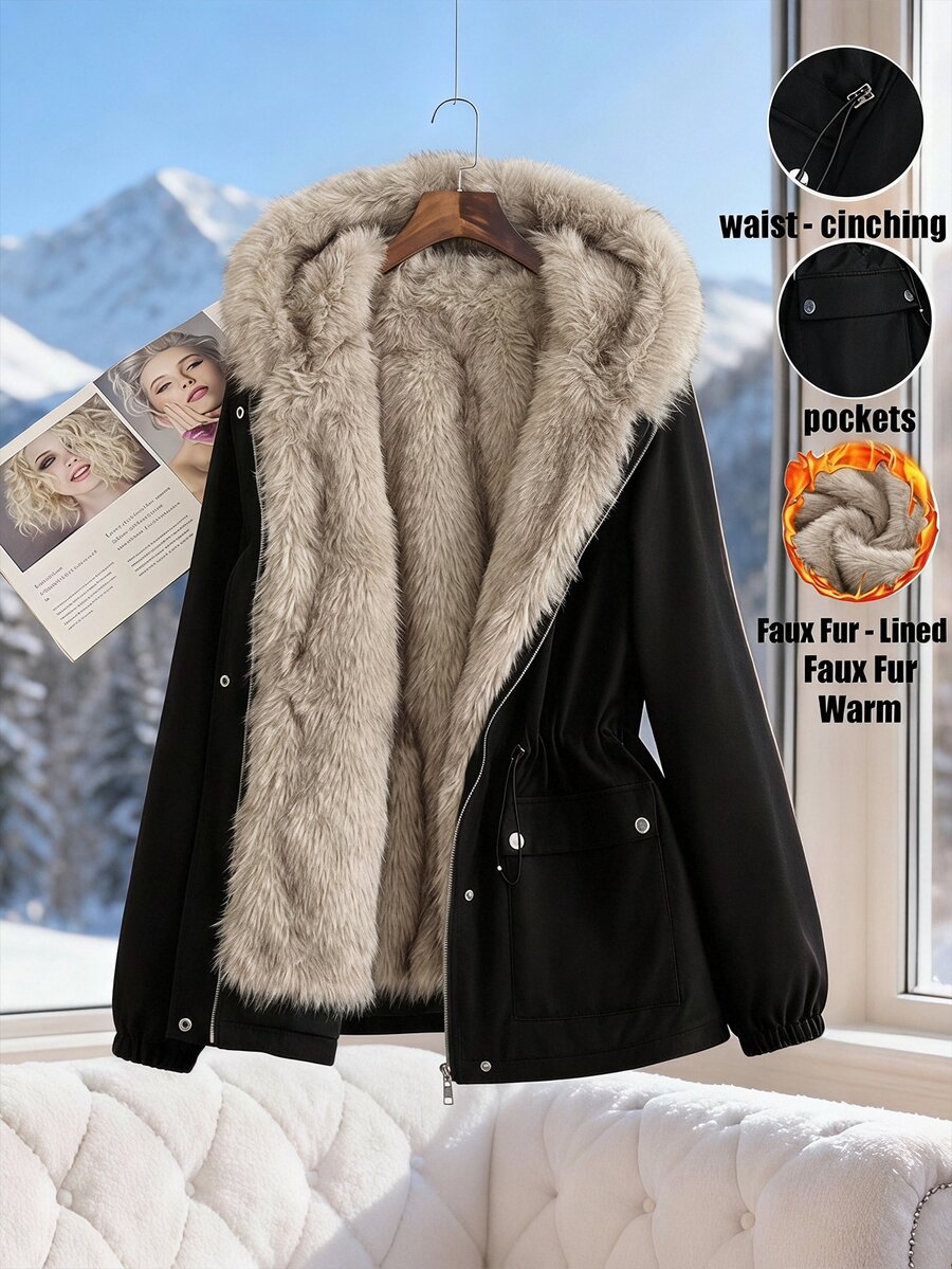 Reflora Women Plus Size Patchwork Faux Fur Hooded Cinched Waist Padded Coat - Black - View 1