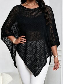 SHEIN Lady CURVE Plus Size Women's Round Neck Asymmetrical Hem Loose Knit Pullover Sweater Fall - Black - View 2