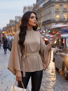 Dripcurv Plus Size Women Solid Color Stand Collar Bell Sleeve Waist Buckle Design Blouse - Camel - View 3