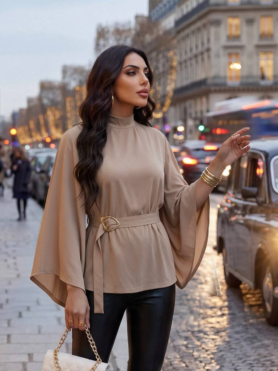 Dripcurv Plus Size Women Solid Color Stand Collar Bell Sleeve Waist Buckle Design Blouse - Camel - View 1