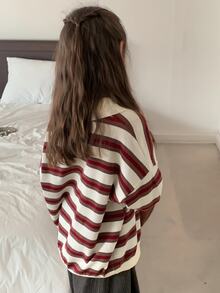 DAZY (Gadis Remaja) Sweater Longgar Berkerah Garis-garis Kasual Potongan Lurus Lengan Panjang Warna Kontras, Musim Gugur/Dingin - Aprikot - View 4