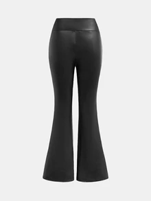 Tween Girl Autumn/Winter PU Black High Waist Elastic Compression Leggings, Snug Fit Tummy Control Yoga Pants - Black - View 2