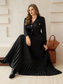 Roveilla Plus Size Elegant Commuter Blazer Sun Pleated Skirt 2 Pieces Set Dinner Formal Black Winter - Black - View 7