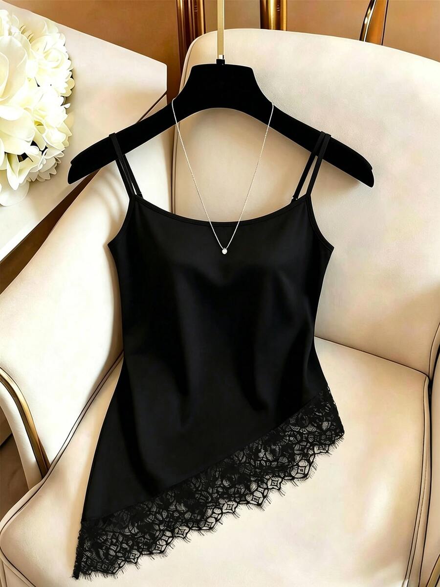 Resyla Plus Size Sexy French Lace Patchwork Asymmetrical Hem Cami Tank Top - Black - View 1