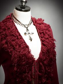 SHEIN ICON Cardigan Rajut Musim Dingin Ukuran Besar Model Vintage Y2K Leher V dengan Tali Pengikat di Depan dan Hiasan Rumbai Bulu - Burgundy - View 7