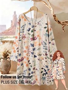 Rusticease Women's Plus Size Scoop Neck Long Sleeve Printed Dress Fall - Multicolor - View 2