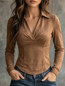SHEIN 女款純色翻領長袖修身休閒襯衫 - 卡其色 - 查看 1