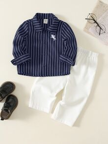 SHEIN 2件組男嬰秋冬休閒條紋襯衫與休閒長褲/西裝褲套裝，嬰兒套裝，正式套裝 - 彩色 - 查看 3