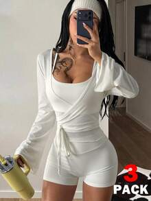 Coolane Women 1 Set White Long Sleeve Jacket, Seamless White Bra, And Shorts - White - View 4