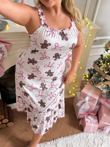 Slumberry CURVE Sweet Christmas Cute Gingerbread Man Bow Print Frill Trim Knit White Plus Size Nightgown - White - View 1