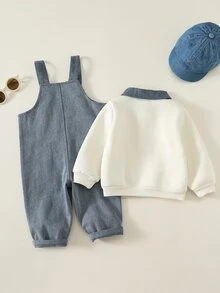 SHEIN 2pcs Baby Boy Autumn/Winter Casual Turn-Down Collar Sweatshirt And Cute Denim Overalls Set, Sweatshirt Set, Denim Set, Overalls Set, Cute Set, Infant Set - Multicolor - View 2