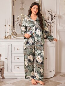 MuseNap CURVE Women's Plus Size Leopard & Floral Print Front Button Trim Patch Pocket Long Sleeve Pants Pajama Set, Loungewear Set, Autumn/Winter - Green - View 2
