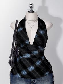 SHEIN ICON 大尺碼女款格紋休閒百搭日常穿搭掛脖上衣 - 藍色 - 查看 8