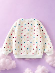 SHEIN X Care Bears 1件少女休閒百搭彩色波點毛絨卡通熊貼布繡圖案圓領寬鬆長袖套頭運動衫，適合日常穿著、秋冬、室內、運動、攝影、節慶、生日 - 白色 - 查看 2