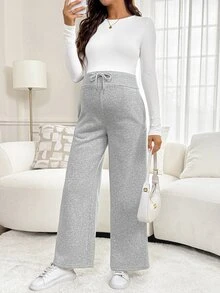SHEIN Maternity Waist Tie Straight Leg Loose Casual Sweatpants Fall - Light Grey - View 7