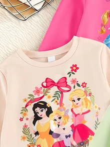 SHEIN 幼童女款公主卡通花卉運動衫與喇叭褲套裝，粉色/綠色/米色（3套組）秋冬款 - 彩色 - 查看 4