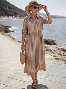 EMERY ROSE Women's Striped Rolled Cuff Button Half Placket Mid-Length Shirt Dress - Brown - View 3