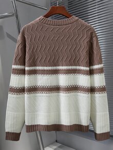 Manfinity Homme 男士對比色長袖休閒通勤圓領寬鬆針織毛衣，奶油色V領紋理老錢風毛衣 - 棕色 - 查看 2