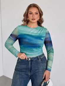 Auralis Round Neck Long Sleeve Tie Dye Pleated Transparent Printed T-Shirt - Multicolor - View 3