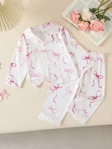 SHEIN 1 Set Baby Girl Sweet Cute Elegant Skin-Friendly Soft Comfortable Casual Daily Pink Heart Bow Rabbit Cartoon Print Open Front Knit Long Sleeve Top And Pants 2 Pieces Set Loungewear - Baby Pink - View 2