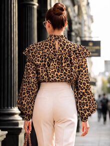 Balvessa Blus Kerah Ruffle Motif Leopard, Atasan Elegan untuk Beraktivitas dan Streetwear - MultiWarna - View 2