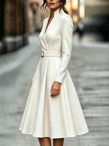SHEIN Women's Elegant Commute White Bamboo Texture Belted Midi Dress, V-Neck - White - View 3