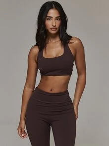Musera Sport Scoop Front Removable Cups Racer Back Sports Bra Coord Top Only Sport Essentials Basics Gym Workout Autumn Fall Winter - Chocolate Brown - View 1