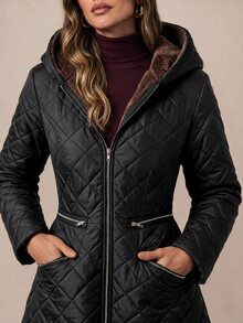 Amorya Women's Long Sleeve Zipper Front Thermal Lined Hooded Winter Jacket - Black - View 7