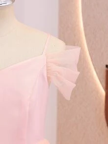 Four Seasons 畢業季婚禮花童優雅舞會禮服，學院風女童洋裝，粉色薄紗裙襬搭配亮面緞面細肩帶上衣，大女孩晚宴派對洋裝，女童開學時尚蓬蓬裙，假日公主裙 - 粉色 - 查看 7