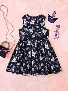 HELLO KITTY AND FRIENDS | SHEIN Young Girl Cartoon Pattern Sleeveless Round Neck High Waist Bow Decor Dress - Multicolor - View 2