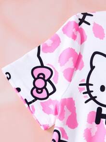 HELLO KITTY AND FRIENDS | SHEIN فستان كاجوال قصير الأكمام بطبعة نمر وحروف للفتيات المراهقات - وردي - مشاهدة 6