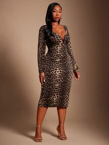 SHEIN SXY Leopard Print Deep Sweetheart Neck Long Sleeve Fitted Midi Dress Fall - Multicolor - View 4