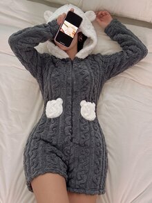 Dream Adore Bear Embroidered Long Sleeve Shorts Animal Shaped Hooded One-Piece Pajamas - Black - View 4