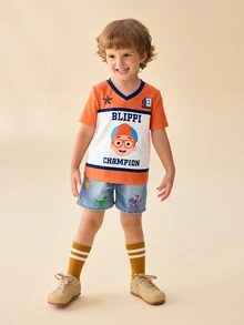 Blippi X SHEIN Young Boy Printed Casual Denim Shorts - Blue - View 7