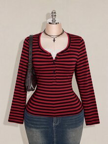SHEIN ICON Women's Plus Size Autumn/Winter Contrast Lace Black & Gray Striped Fitted T-Shirt Fall - Multicolor - View 3