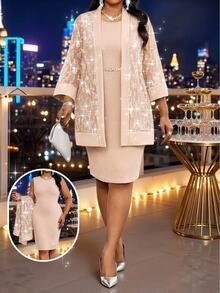 SHEIN Lady Women Plus Size Round Neck Sleeveless Dress Sequin Jacket 2pcs Set Wedding Semi Formal Beige Pink Fall Romantic Elegant - Multicolor - View 1