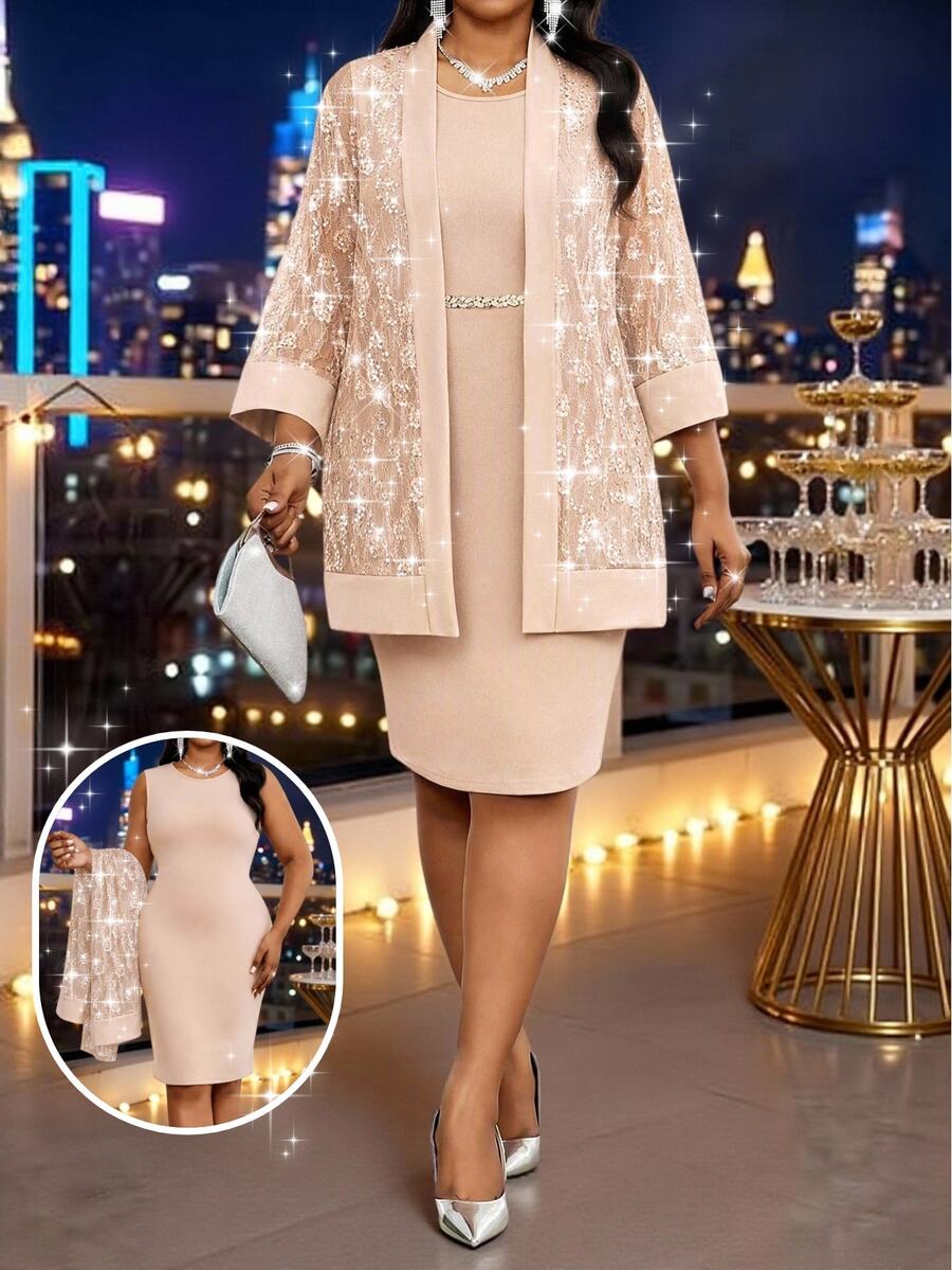 SHEIN Lady Women Plus Size Round Neck Sleeveless Dress Sequin Jacket 2pcs Set Wedding Semi Formal Beige Pink Fall Romantic Elegant - Multicolor - View 1