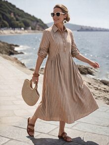 EMERY ROSE Women's Striped Rolled Cuff Button Half Placket Mid-Length Shirt Dress - Brown - View 5