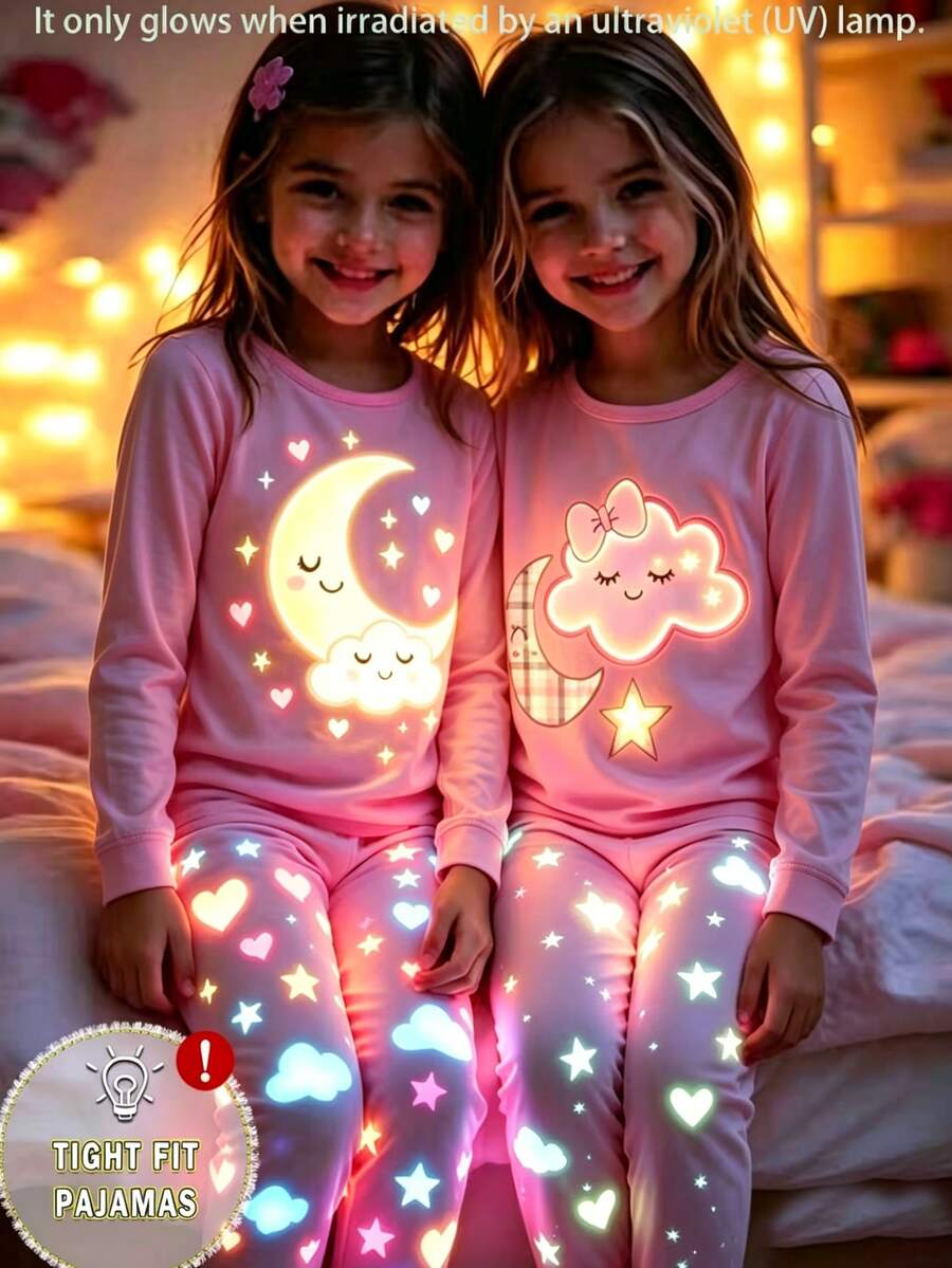 2pcs/Set Girls Pajamas Set, Pink Base Color With Cute Cartoon Moon & Cloud Pattern, Long Sleeve Top & Long Pants, Soft & Comfortable Fabric, Snug Fit, Glows Under UV Light - Multicolor - View 1