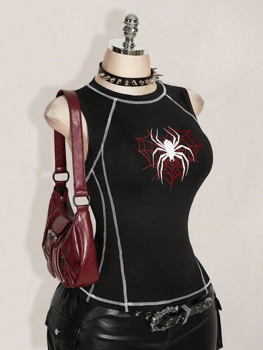 SHEIN ICON Plus Size Women Spider Pattern Sleeveless Round Neck Fashion Tank Top - Black - View 1