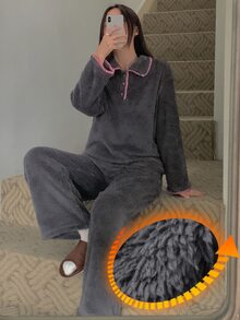 DAZY طقم بيجامة نسائي كاجوال للاستخدام اليومي والمنزلي بتصميم ألوان متباينة، ملابس علوية بأكمام طويلة وبنطلون - رمادي - مشاهدة 7