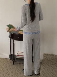 DAZY 2pcs/Set Women's Plaid Patchwork Contrast Color Long Sleeve T-Shirt & Straight Leg Long Pajama Pants Sleepwear Set - Grey - View 2